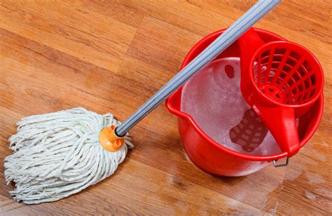 cleaning of wet floors by mop and red bucket with washing ...